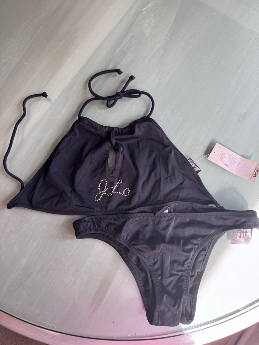 Jennifer Lopez Black Rhinestone 'JLo' Halter Bikini